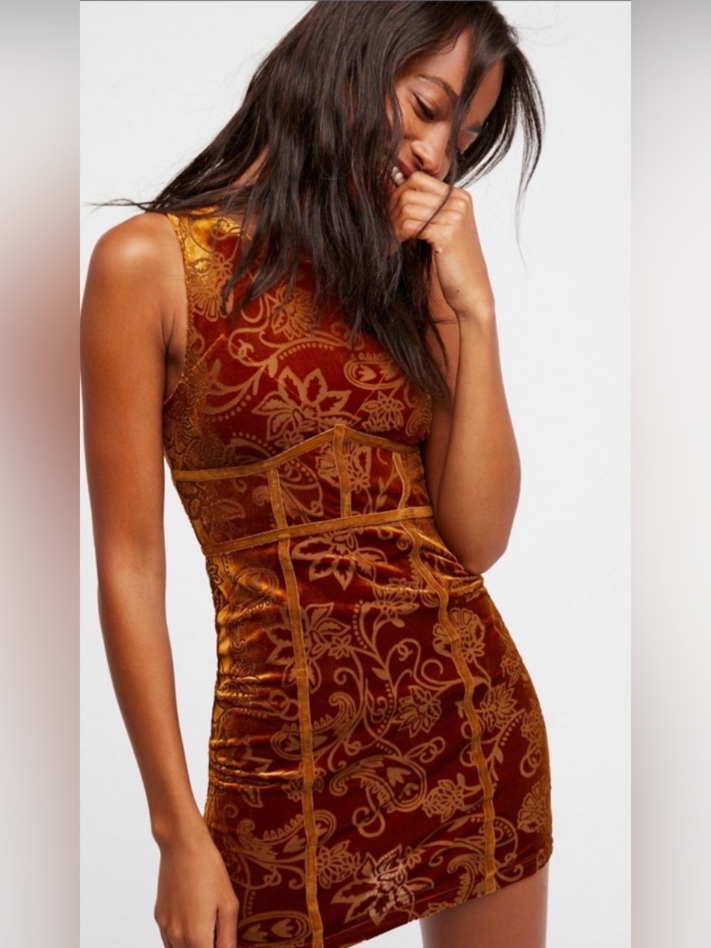 FREE PEOPLE Burnout Babe Bodycon Dress Velvet‎ Gingersnap XS